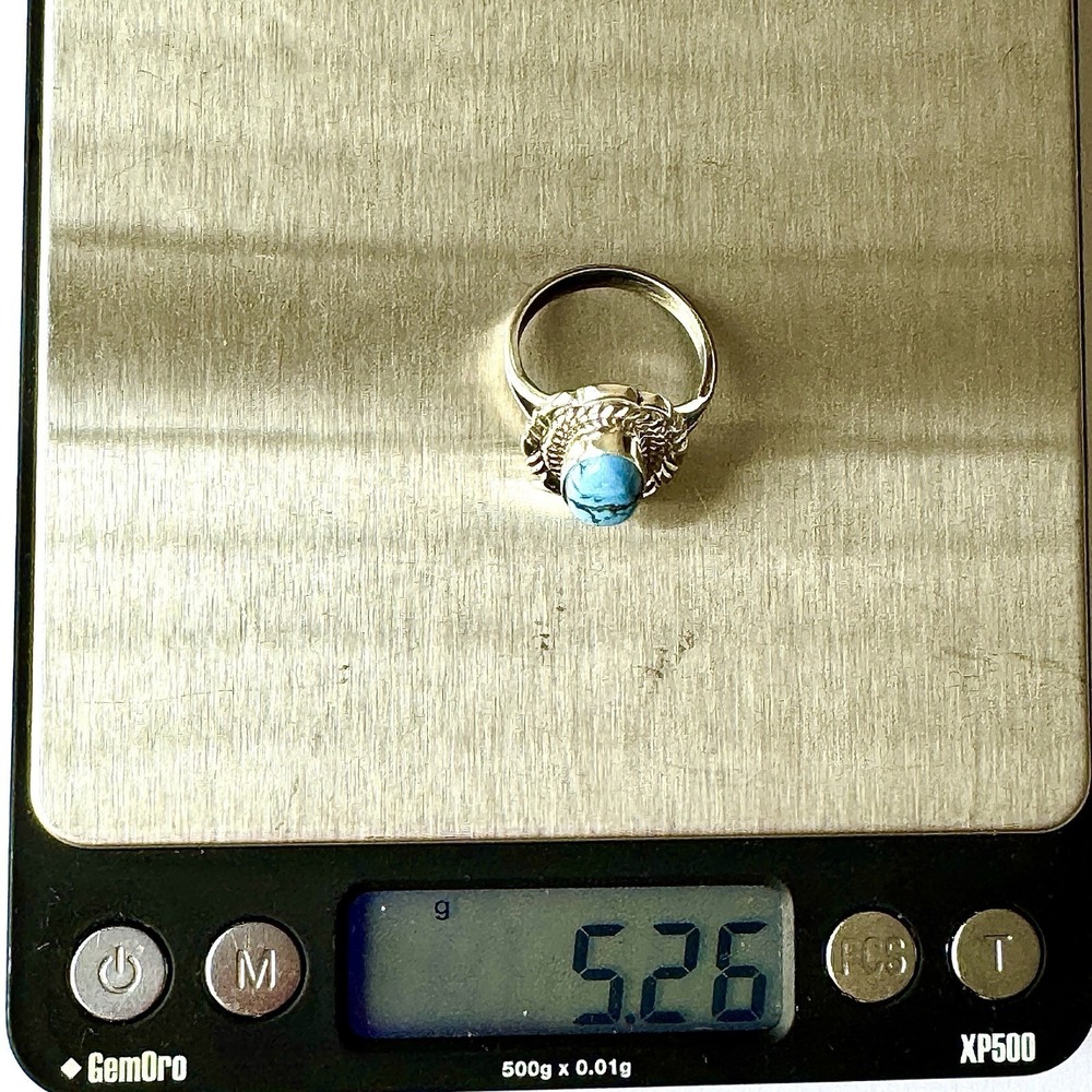 Navajo Blue Golden Hills Turquoise Ring Sz 7 Signed V Chee Sterling Native - Picture 8 of 8